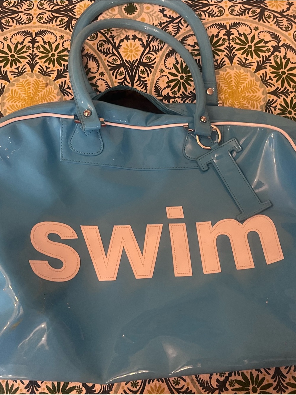 Trumpette Blue and White 'Swim' Patent Tote